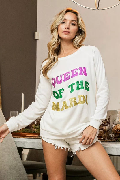 BiBi Queen Of Mardi Glitter Print Mardi Gras Sweatshirt - Bitsy Gypsy Boutique