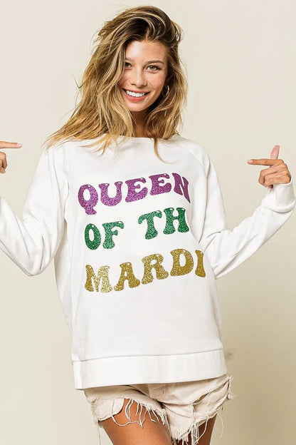 BiBi Queen Of Mardi Glitter Print Mardi Gras Sweatshirt - Bitsy Gypsy Boutique