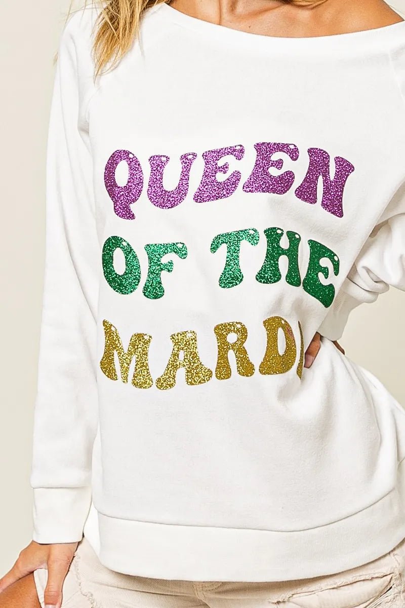 BiBi Queen Of Mardi Glitter Print Mardi Gras Sweatshirt - Bitsy Gypsy Boutique