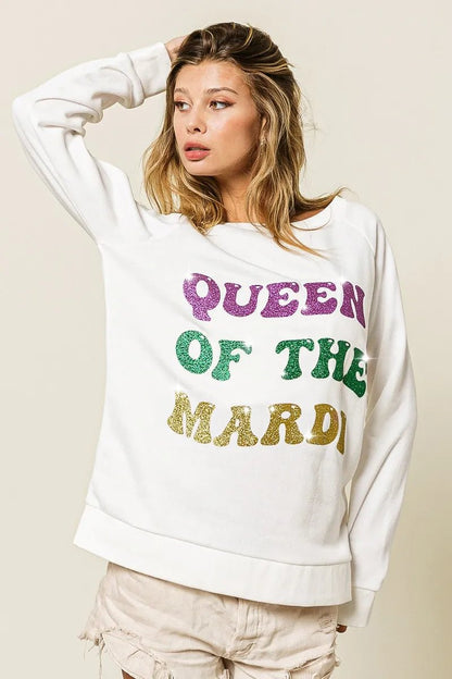 BiBi Queen Of Mardi Glitter Print Mardi Gras Sweatshirt - Bitsy Gypsy Boutique