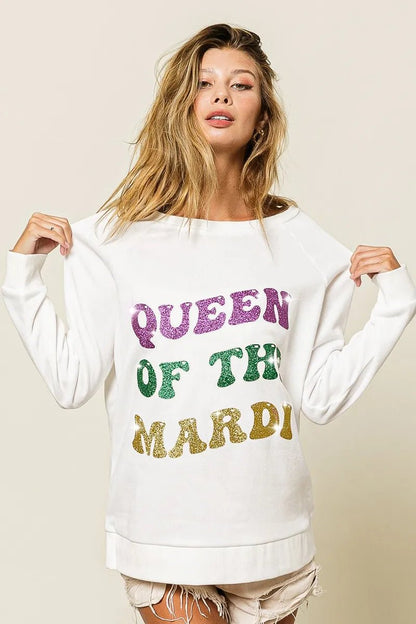 BiBi Queen Of Mardi Glitter Print Mardi Gras Sweatshirt - Bitsy Gypsy Boutique