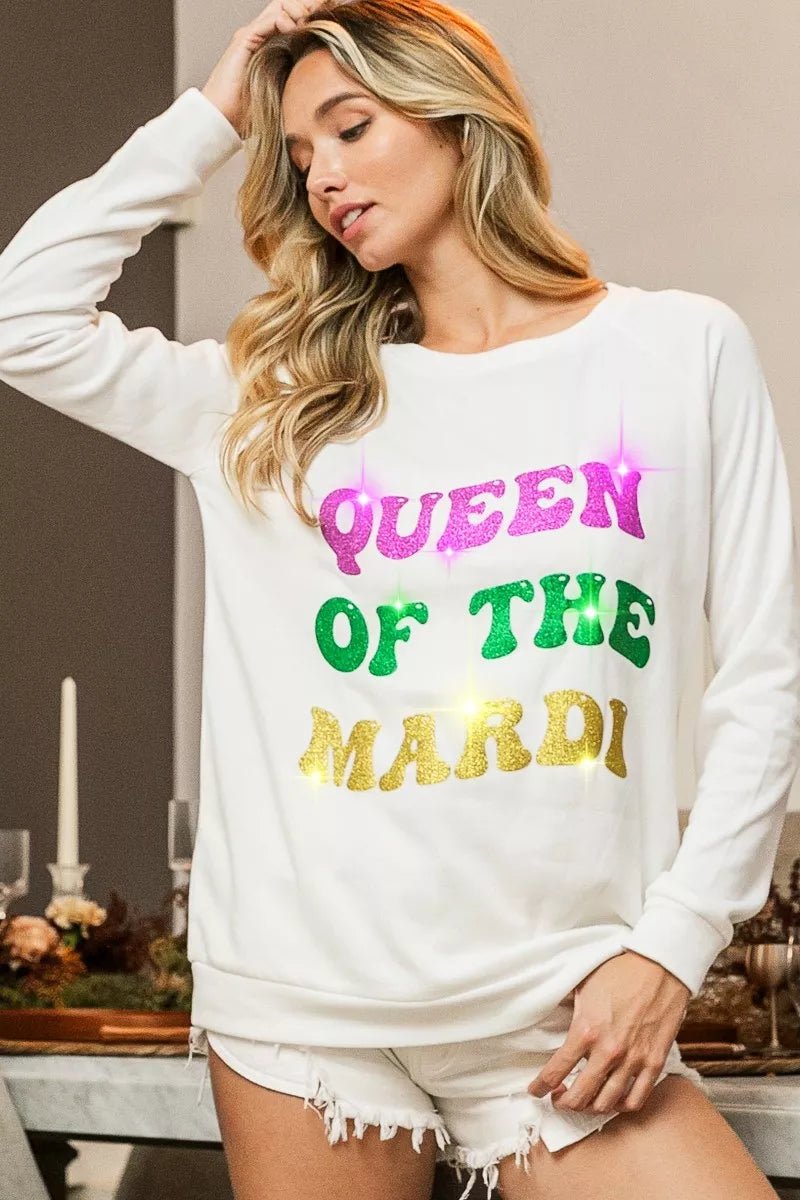 BiBi Queen Of Mardi Glitter Print Mardi Gras Sweatshirt - Bitsy Gypsy Boutique