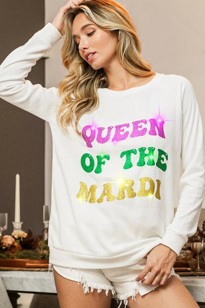 BiBi Queen Of Mardi Glitter Print Mardi Gras Sweatshirt - Bitsy Gypsy Boutique
