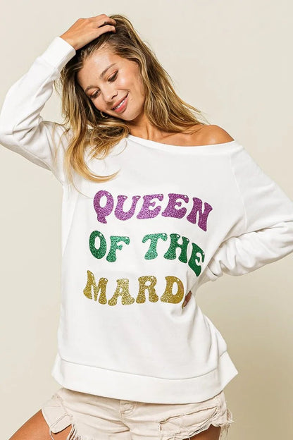 BiBi Queen Of Mardi Glitter Print Mardi Gras Sweatshirt - Bitsy Gypsy Boutique