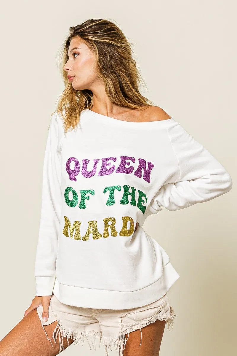 BiBi Queen Of Mardi Glitter Print Mardi Gras Sweatshirt - Bitsy Gypsy Boutique