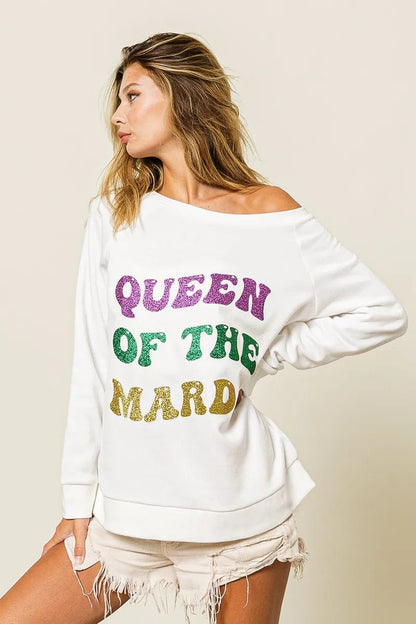 BiBi Queen Of Mardi Glitter Print Mardi Gras Sweatshirt - Bitsy Gypsy Boutique
