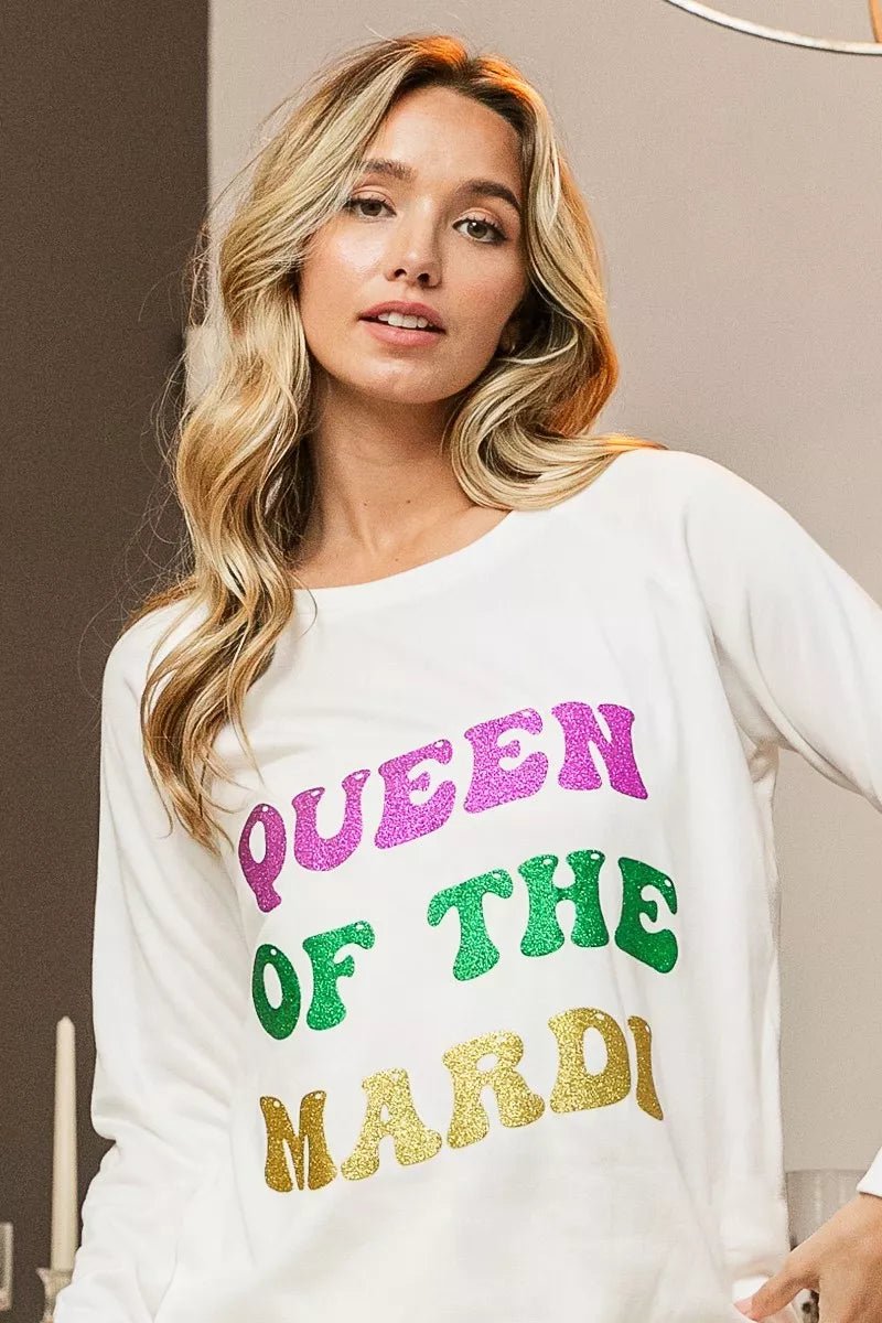 BiBi Queen Of Mardi Glitter Print Mardi Gras Sweatshirt - Bitsy Gypsy Boutique