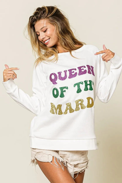 BiBi Queen Of Mardi Glitter Print Mardi Gras Sweatshirt - Bitsy Gypsy Boutique