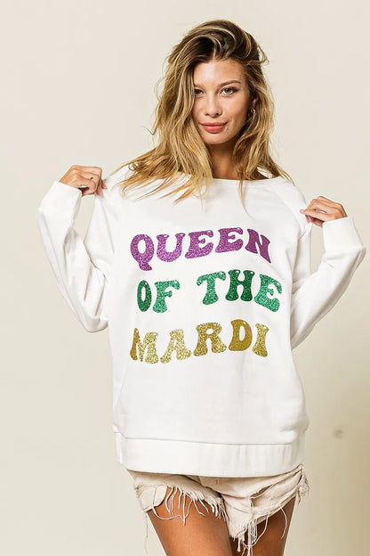 BiBi Queen Of Mardi Glitter Print Mardi Gras Sweatshirt - Bitsy Gypsy Boutique