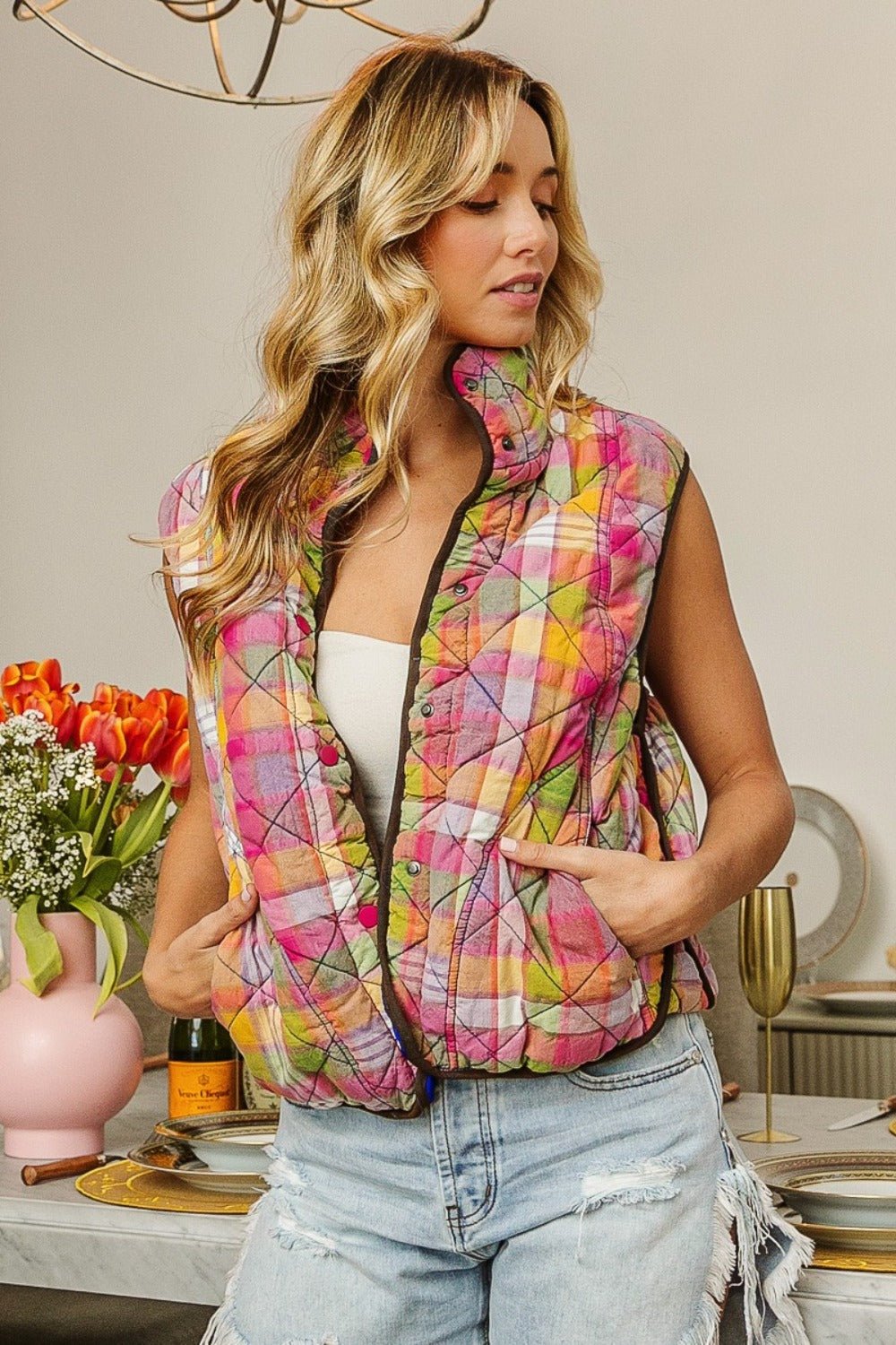 BiBi Quilted Washed Plaid Snap Down Vest - Bitsy Gypsy Boutique