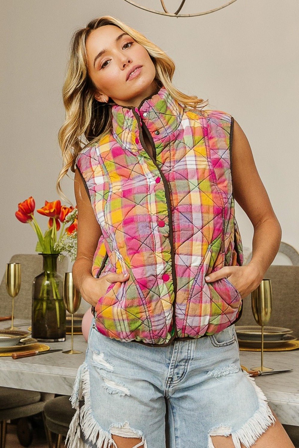 BiBi Quilted Washed Plaid Snap Down Vest - Bitsy Gypsy Boutique