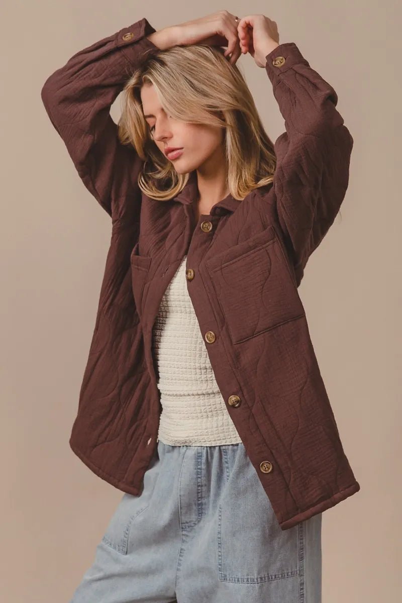 BiBi Quilted Wrinkle Gauze Long Sleeve Shacket - Bitsy Gypsy Boutique