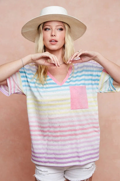 BiBi Rainbow Stripe Printed Triblend Knit Top - Bitsy Gypsy Boutique