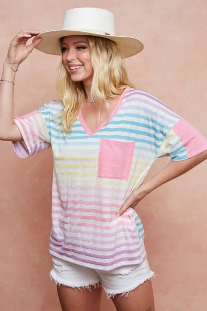 BiBi Rainbow Stripe Printed Triblend Knit Top - Bitsy Gypsy Boutique