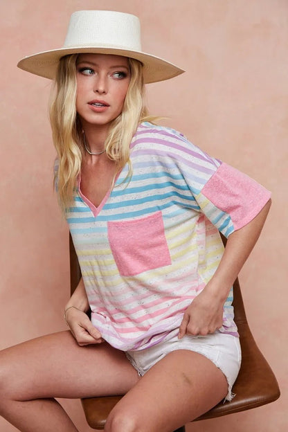 BiBi Rainbow Stripe Printed Triblend Knit Top - Bitsy Gypsy Boutique