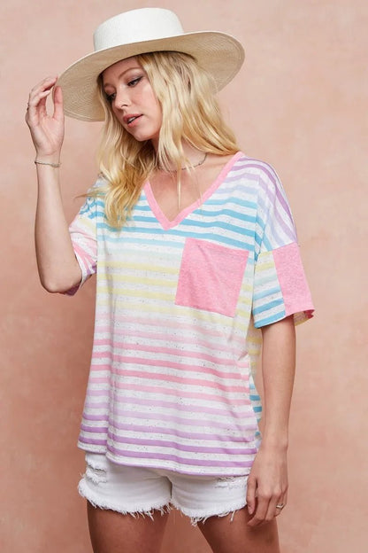 BiBi Rainbow Stripe Printed Triblend Knit Top - Bitsy Gypsy Boutique