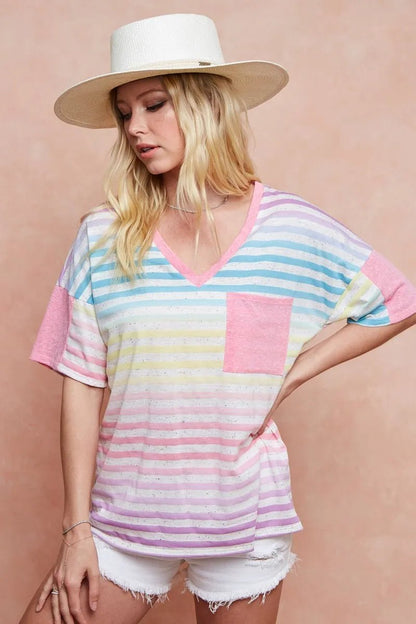 BiBi Rainbow Stripe Printed Triblend Knit Top - Bitsy Gypsy Boutique