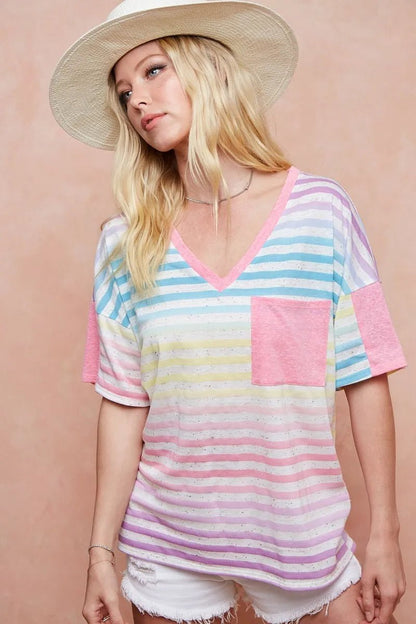 BiBi Rainbow Stripe Printed Triblend Knit Top - Bitsy Gypsy Boutique