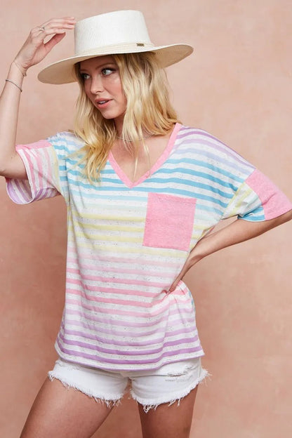 BiBi Rainbow Stripe Printed Triblend Knit Top - Bitsy Gypsy Boutique