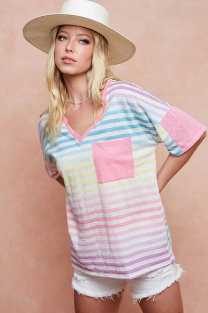 BiBi Rainbow Stripe Printed Triblend Knit Top - Bitsy Gypsy Boutique