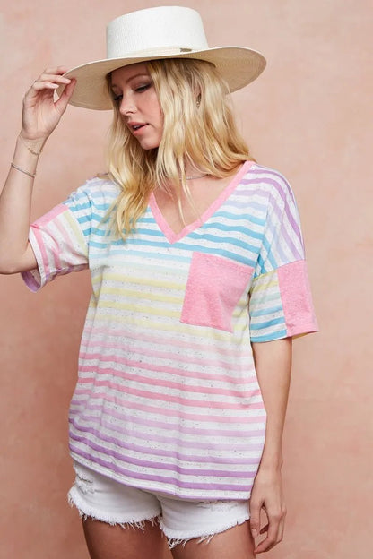 BiBi Rainbow Stripe Printed Triblend Knit Top - Bitsy Gypsy Boutique