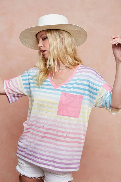 BiBi Rainbow Stripe Printed Triblend Knit Top - Bitsy Gypsy Boutique