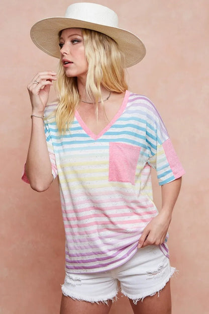BiBi Rainbow Stripe Printed Triblend Knit Top - Bitsy Gypsy Boutique