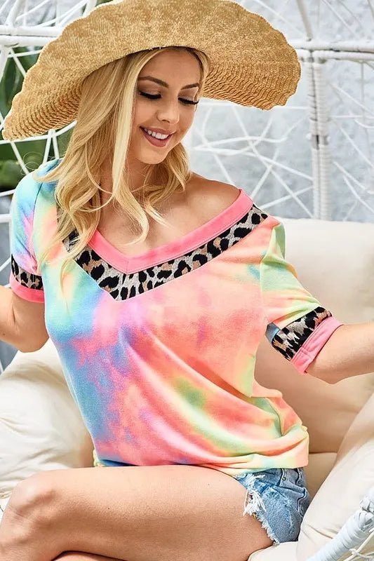 BiBi Rainbow Tie - Dye Leopard Trim V - Neck T-Shirt - Bitsy Gypsy Boutique