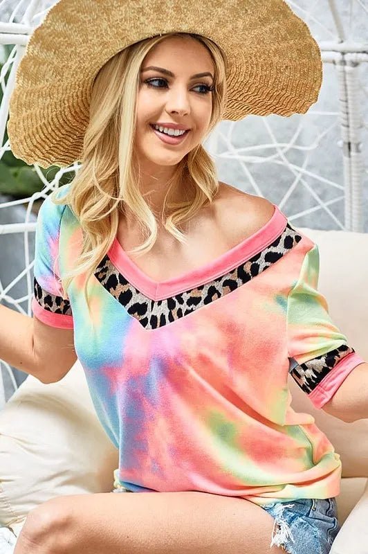 BiBi Rainbow Tie - Dye Leopard Trim V - Neck T-Shirt - Bitsy Gypsy Boutique
