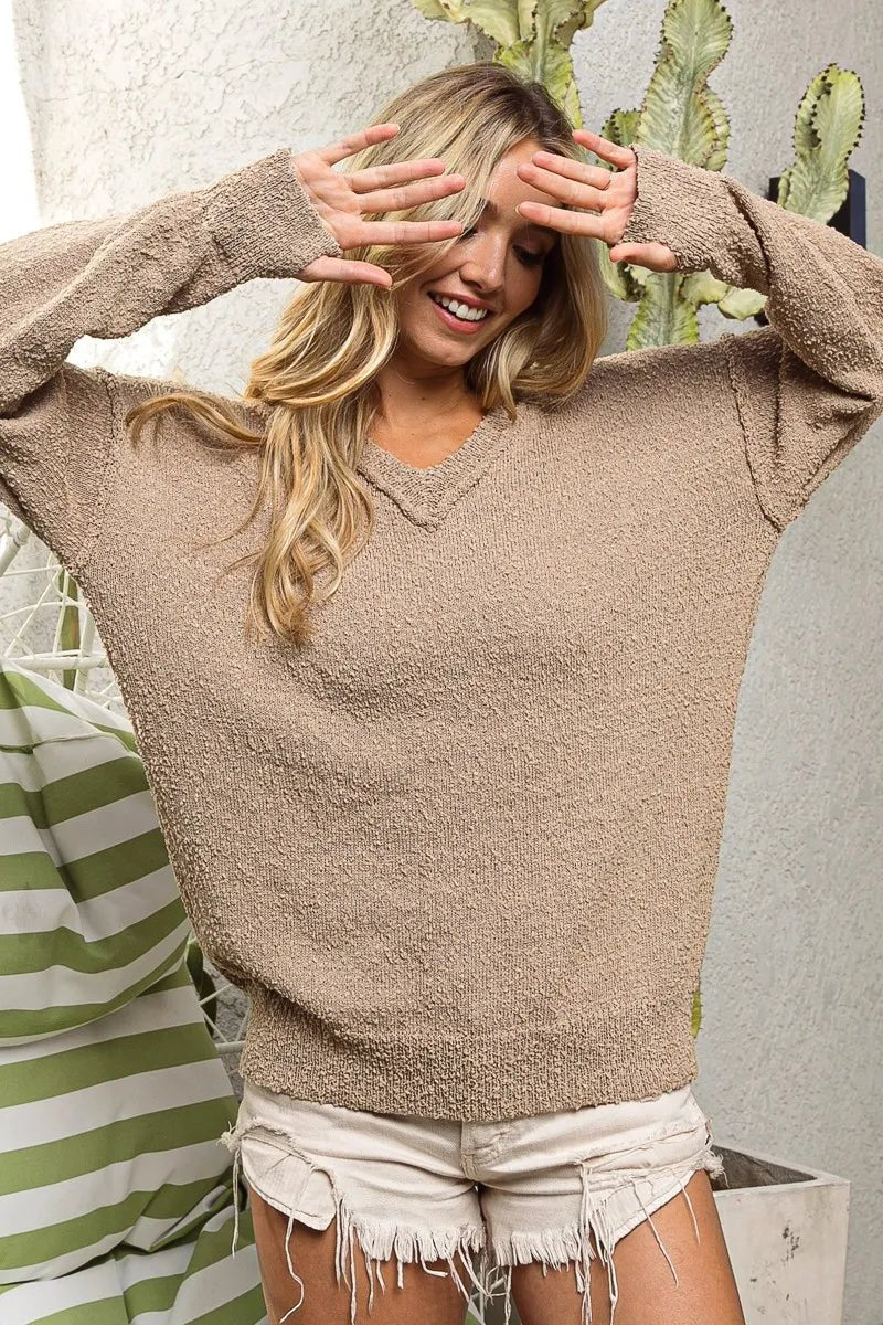 BiBi Raw Edged Popcorn Texture V - neck Sweater - Bitsy Gypsy Boutique