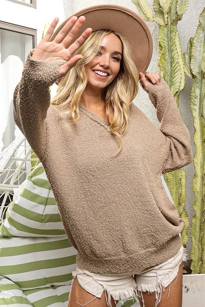 BiBi Raw Edged Popcorn Texture V - neck Sweater - Bitsy Gypsy Boutique