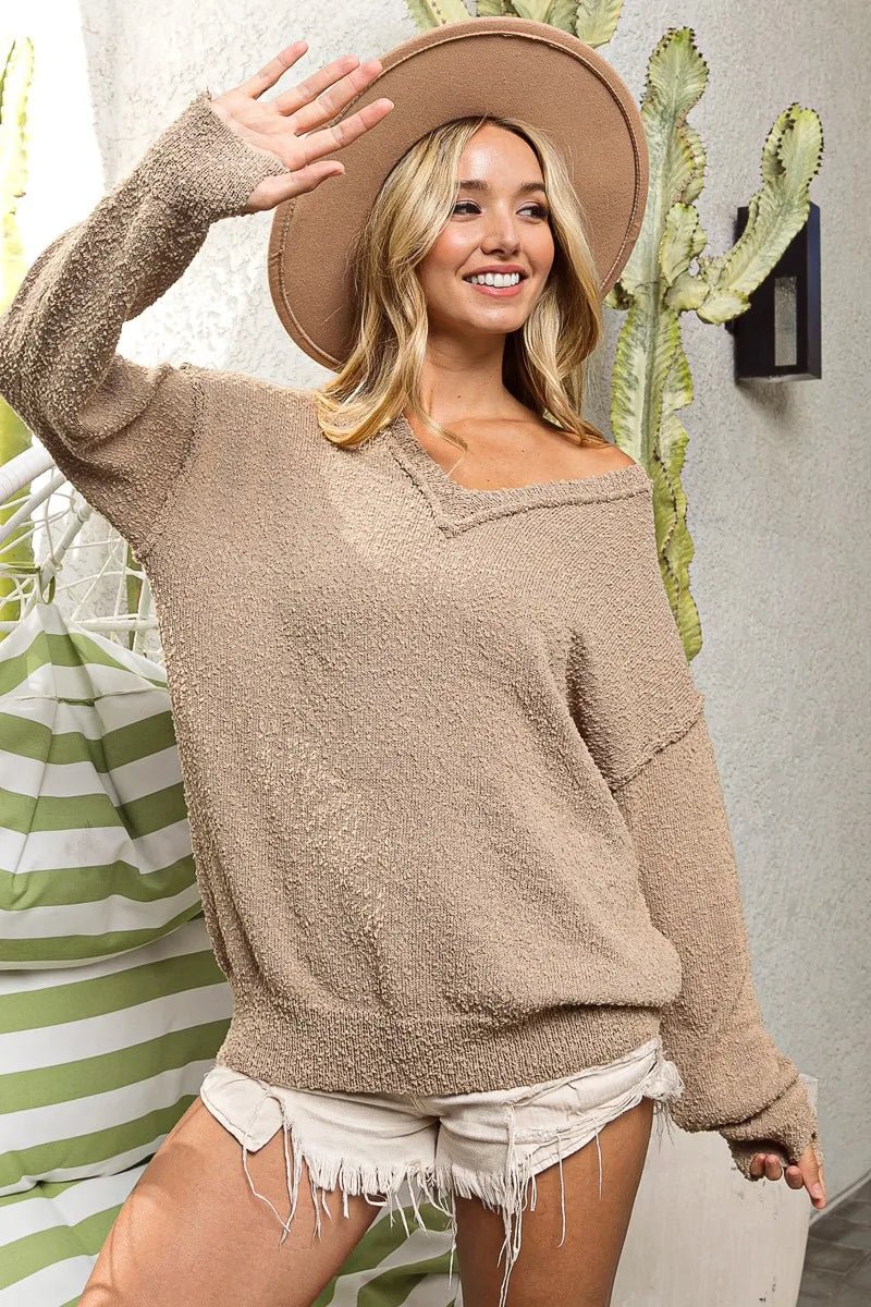 BiBi Raw Edged Popcorn Texture V - neck Sweater - Bitsy Gypsy Boutique