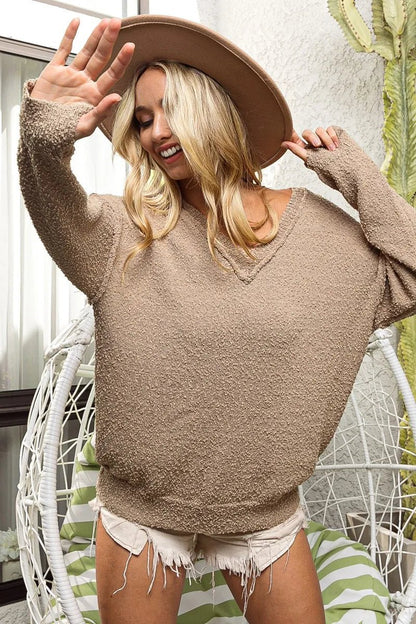 BiBi Raw Edged Popcorn Texture V - neck Sweater - Bitsy Gypsy Boutique