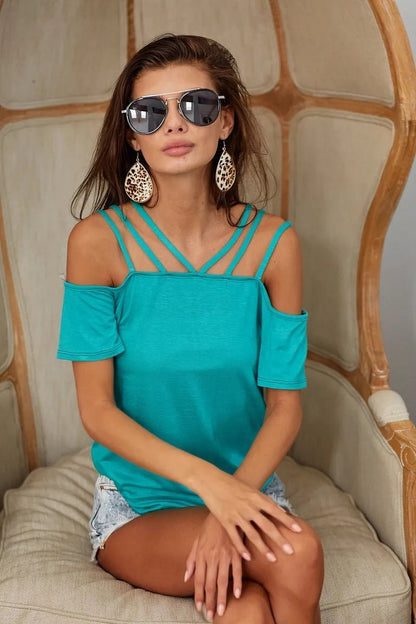 BiBi Rayon Span Jersey Lace Up Shoulder Detailed Top - Bitsy Gypsy Boutique