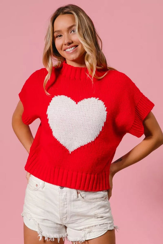 BiBi Rib Banded Heart Pattern Valentines Sweater - Bitsy Gypsy Boutique