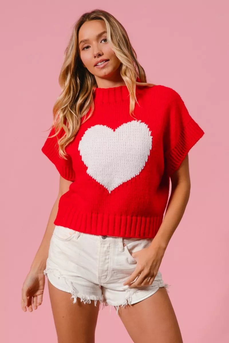 BiBi Rib Banded Heart Pattern Valentines Sweater - Bitsy Gypsy Boutique