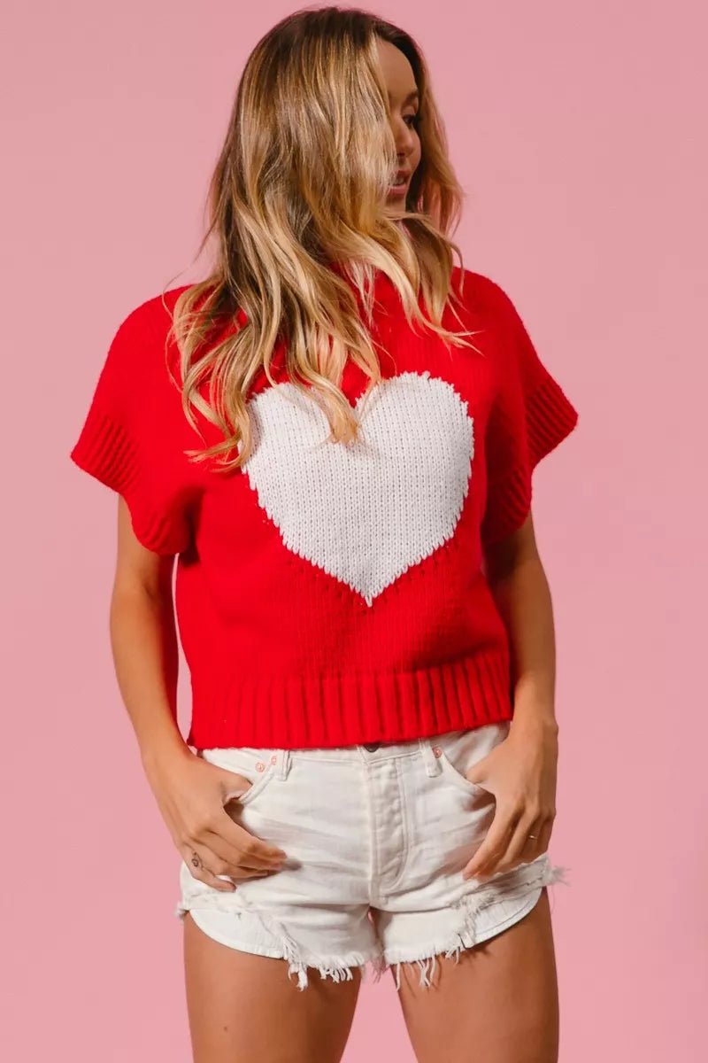 BiBi Rib Banded Heart Pattern Valentines Sweater - Bitsy Gypsy Boutique