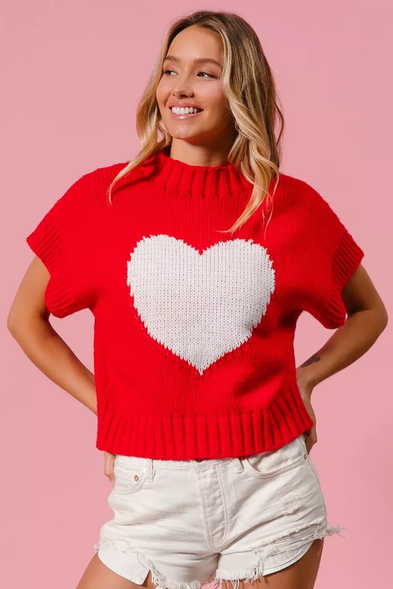 BiBi Rib Banded Heart Pattern Valentines Sweater - Bitsy Gypsy Boutique