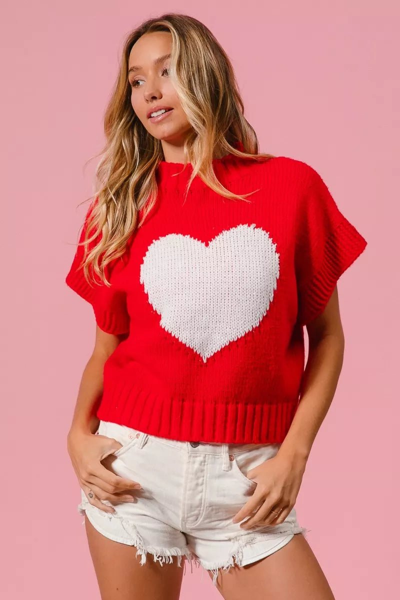 BiBi Rib Banded Heart Pattern Valentines Sweater - Bitsy Gypsy Boutique