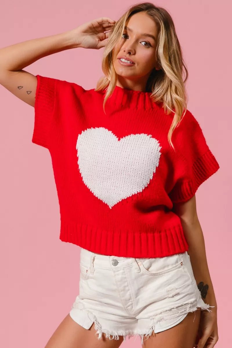 BiBi Rib Banded Heart Pattern Valentines Sweater - Bitsy Gypsy Boutique