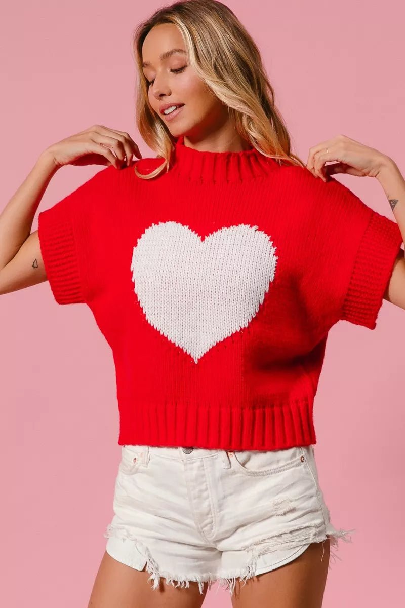 BiBi Rib Banded Heart Pattern Valentines Sweater - Bitsy Gypsy Boutique