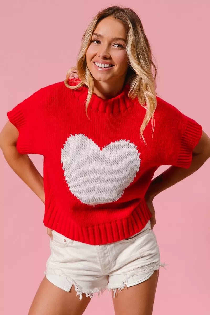 BiBi Rib Banded Heart Pattern Valentines Sweater - Bitsy Gypsy Boutique
