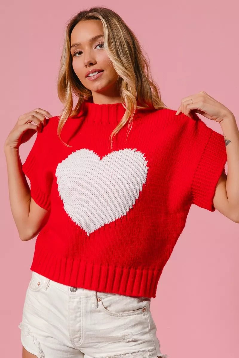 BiBi Rib Banded Heart Pattern Valentines Sweater - Bitsy Gypsy Boutique