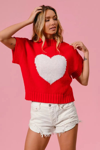 BiBi Rib Banded Heart Pattern Valentines Sweater - Bitsy Gypsy Boutique