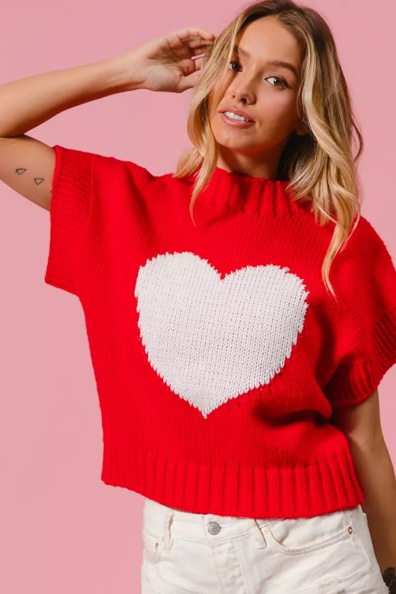 BiBi Rib Banded Heart Pattern Valentines Sweater - Bitsy Gypsy Boutique