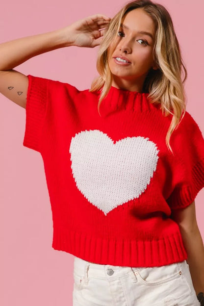 BiBi Rib Banded Heart Pattern Valentines Sweater - Bitsy Gypsy Boutique