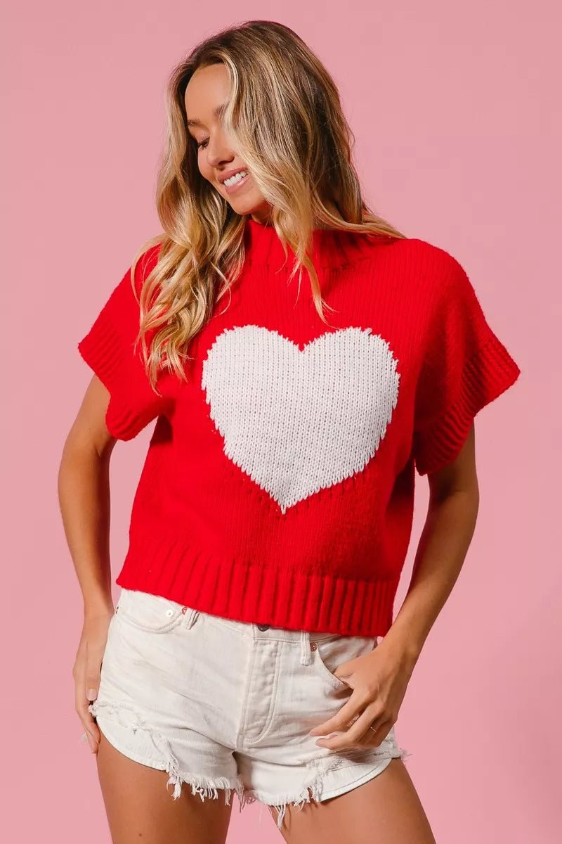 BiBi Rib Banded Heart Pattern Valentines Sweater - Bitsy Gypsy Boutique