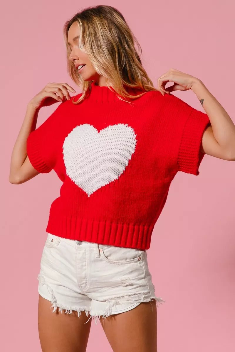 BiBi Rib Banded Heart Pattern Valentines Sweater - Bitsy Gypsy Boutique