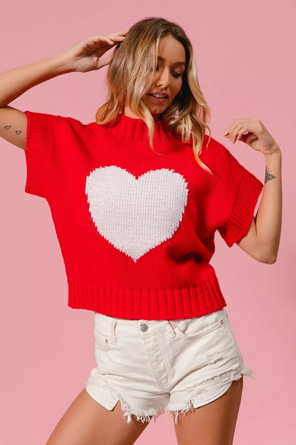 BiBi Rib Banded Heart Pattern Valentines Sweater - Bitsy Gypsy Boutique