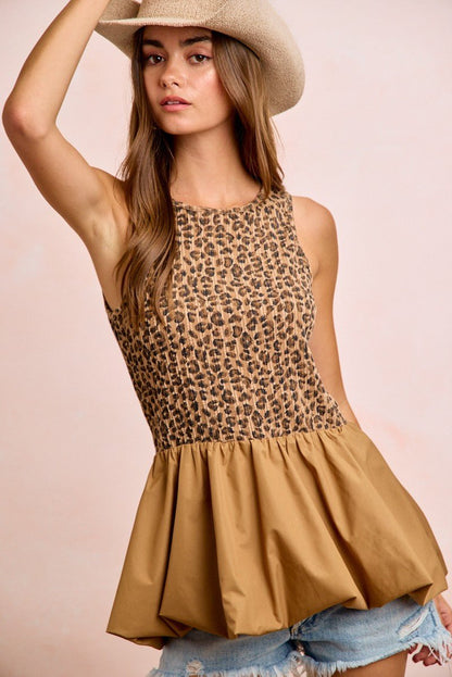 BiBi Rib Textured Leopard Sleeveless Bubble Peplum Top - Bitsy Gypsy Boutique